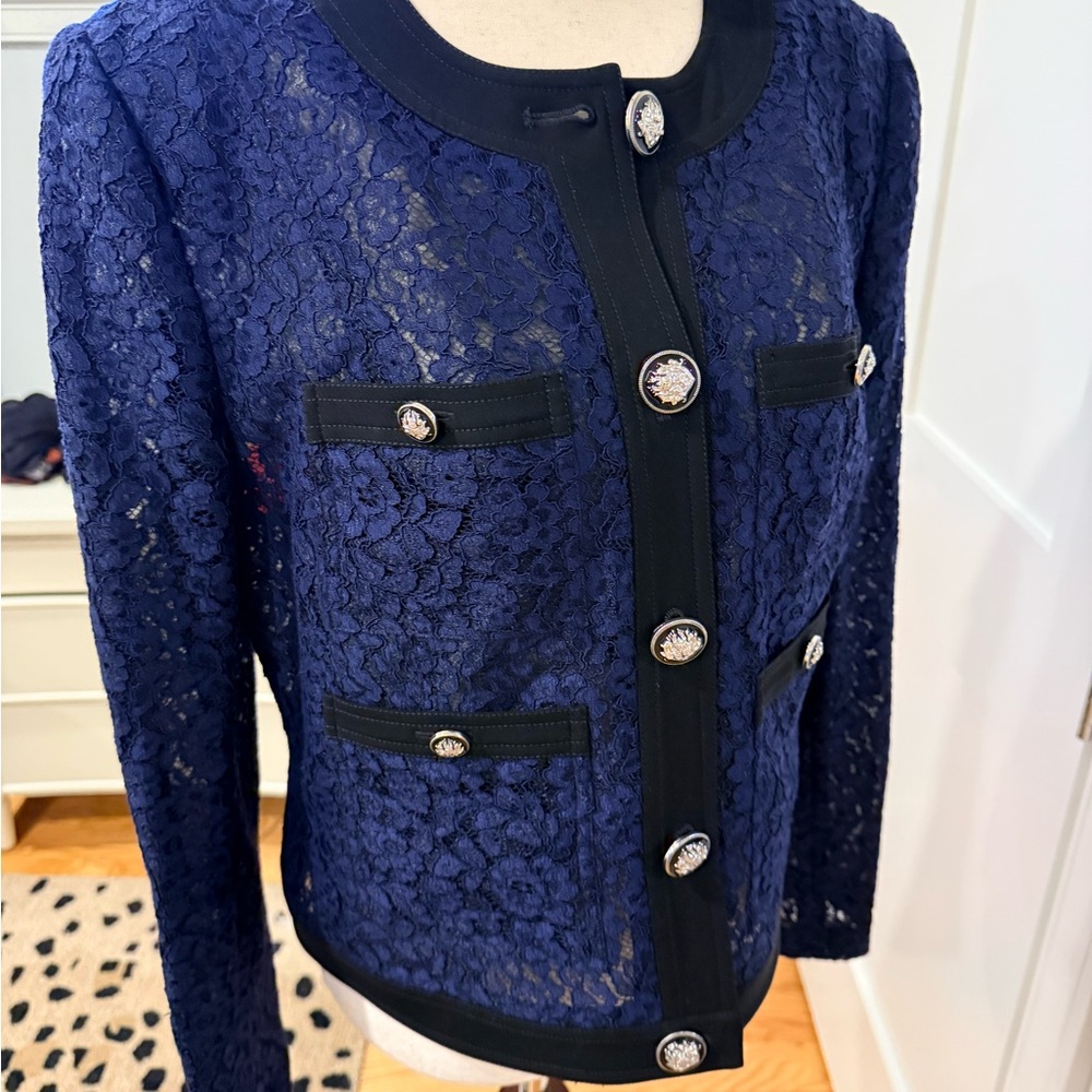Elie Tahari Navy Lace Button-Front Blazer - Picture 11 of 15